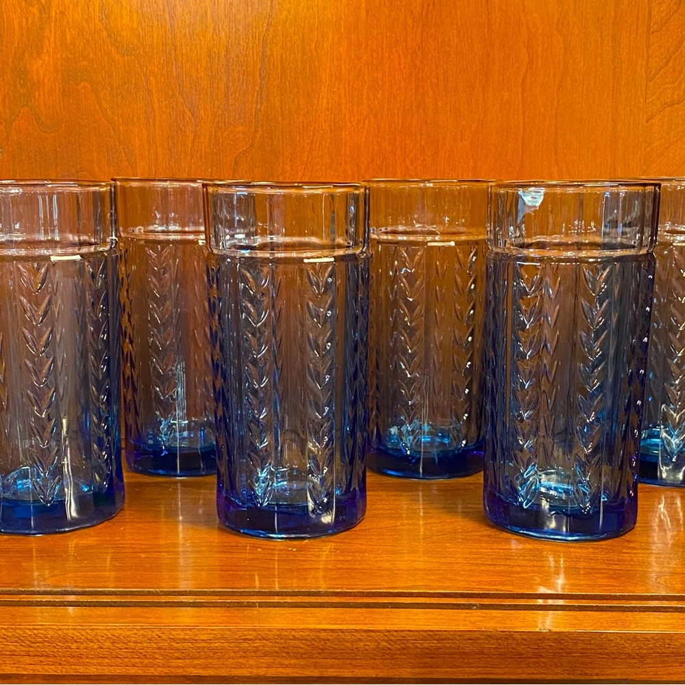 Vintage Anchor Hocking Laurel Wheat Blue Glass Tumbler set of 6